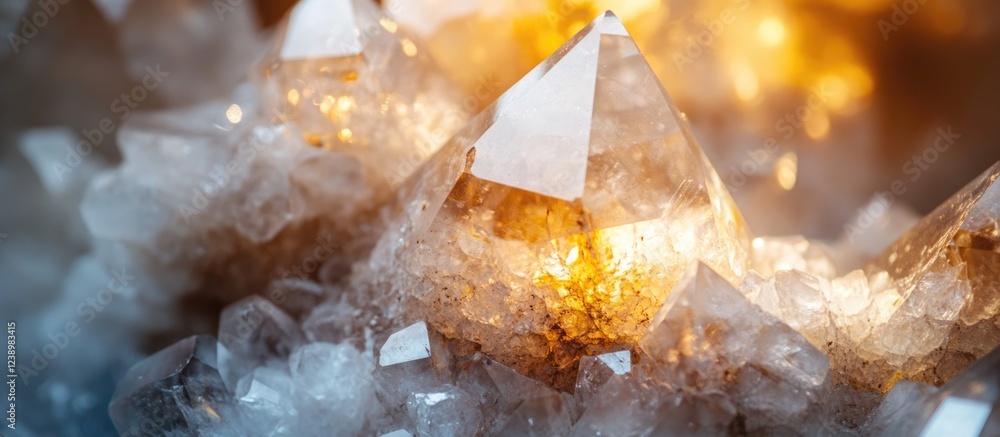 Poster Close-up of shimmering quartz crystals with warm light reflections and sharp facets on a blurred background, ideal for textures and minerals. Copy Space