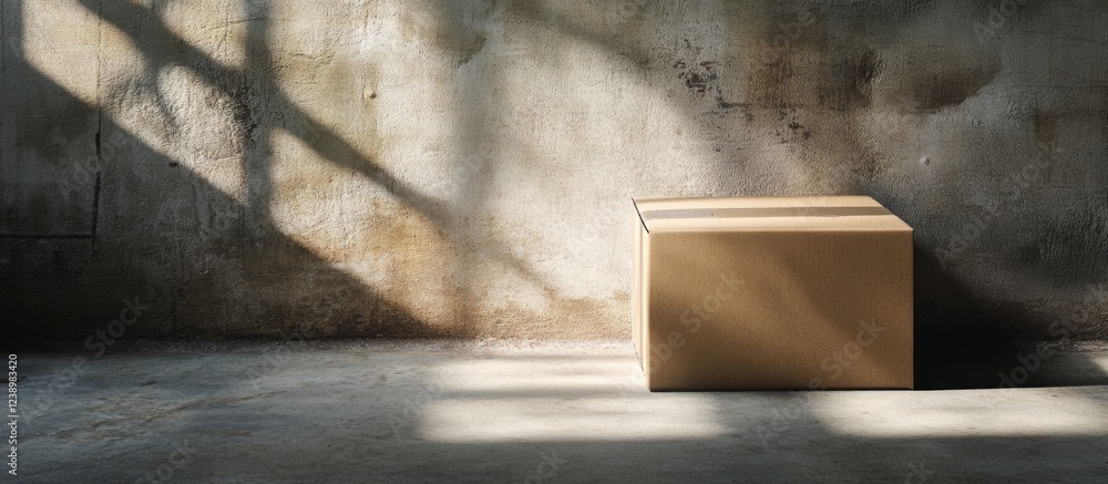 Poster Cardboard box placed on floor in empty room with textured wall and dramatic shadows casting across the surface Copy Space