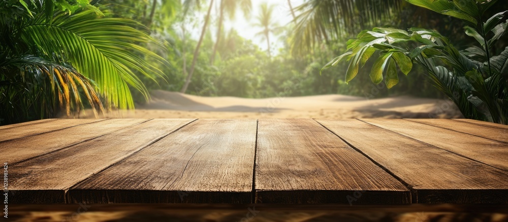 Poster tropical forest background with wooden table and space for text in a nature setting with palm trees 