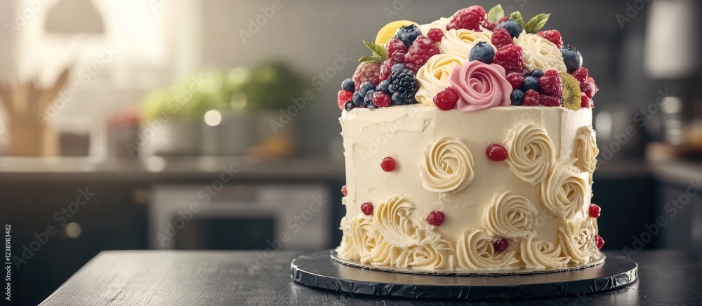Aufkleber decorative vanilla cake topped with assorted berries and floral icing placed on a wooden table in a 