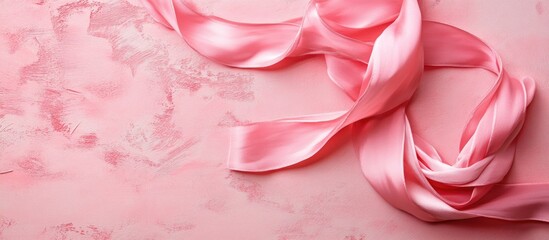 Pink satin ribbon on textured pastel pink background with ample copy space for text placement.