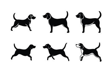 Silhouette compilation of beagle dogs on white background