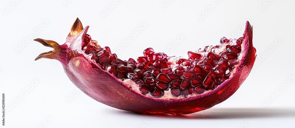 Aufkleber Sliced pomegranate half with juicy red seeds on white background with copy space for text placement