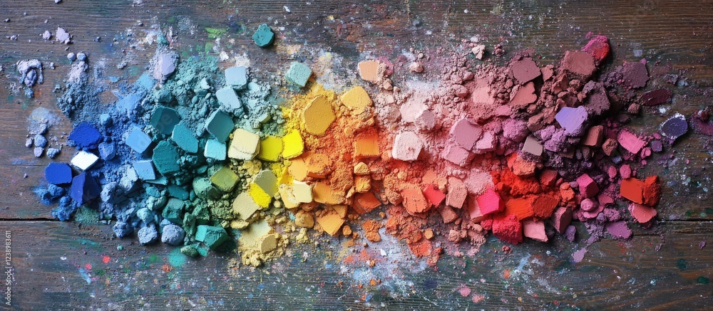 Aufkleber Colorful powder pigments arranged in a gradient pattern on a wooden surface with ample Copy Space for text placement.