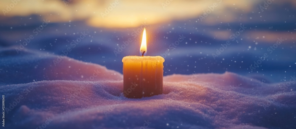 Poster candle burning in the snow landscape during snowfall with soft light and warm glow copy space
