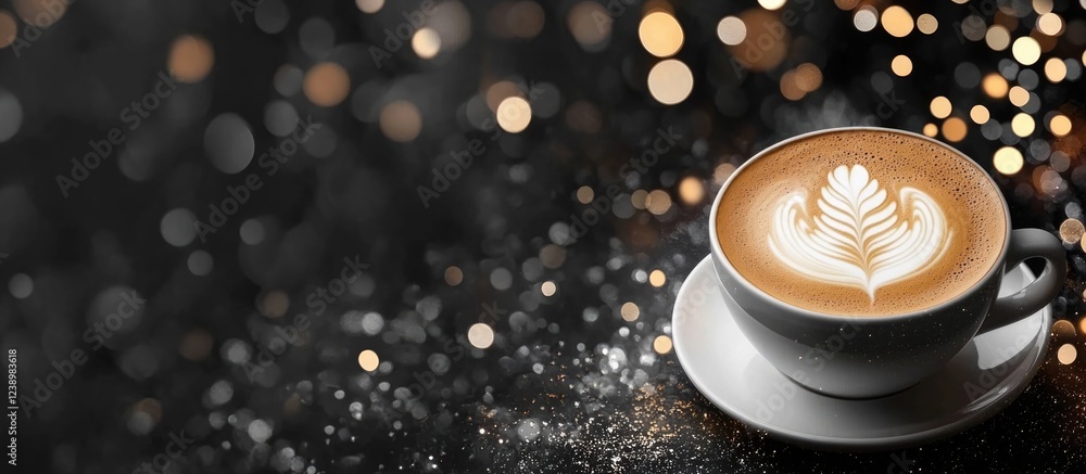 Poster Coffee latte art in white cup on sparkling dark background with bokeh effect and copy space for text placement