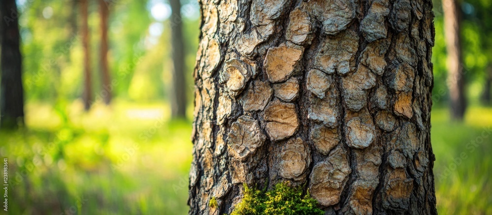Poster tree bark texture close-up in forest with soft green background and natural light, ideal for nature 