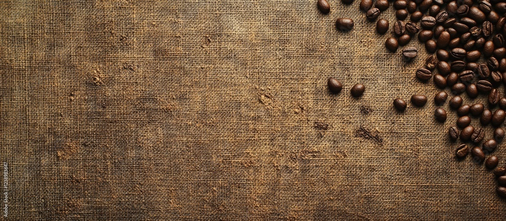 Aufkleber Coffee beans scattered on textured burlap background with ample space for text.