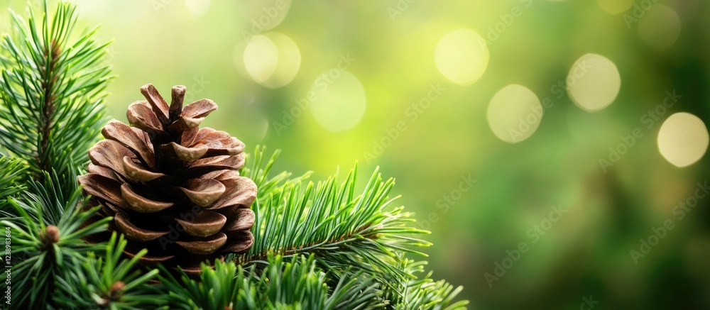 Poster close-up of a pinecone resting on green pine needles with bokeh background and ample copy space for 