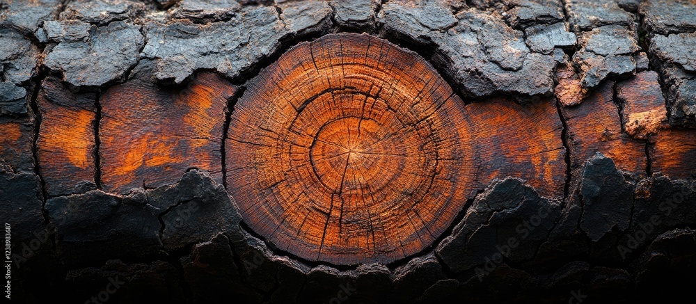 Aufkleber Cross-section of a tree trunk with detailed growth rings and charred bark texture providing a rustic background with copy space