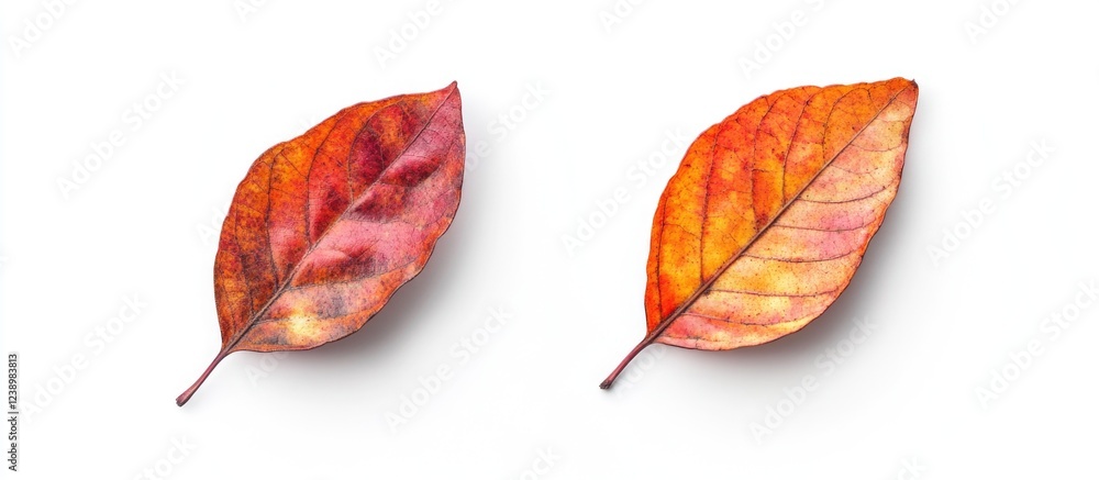 Poster close-up image of two vibrant autumn leaves in shades of red and orange on a white background with c
