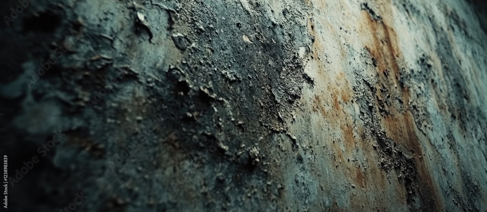 Poster Grungy textured surface with rust and peeling paint in dark tones, industrial background with rough and weathered appearance, Copy Space