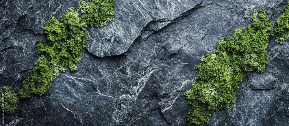 Poster textured gray rock surface with patches of green moss providing natural contrast and visual interest