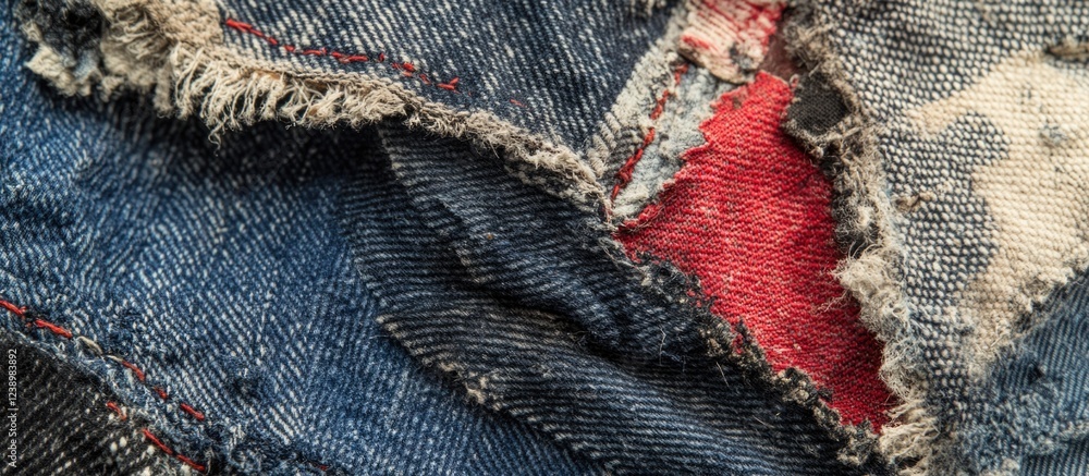 Poster Close-up view of frayed denim fabric with visible red and blue patches and texture details Copy Space