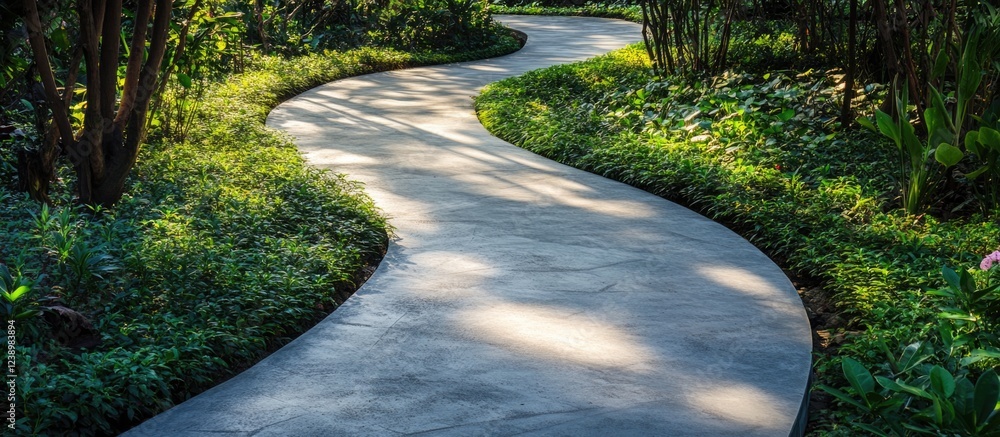 Poster Winding concrete pathway through lush green foliage in a tranquil garden setting with soft sunlight filtering through trees Copy Space