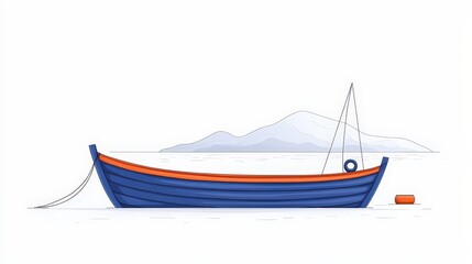 Naklejka premium Colorful Fishing Boat Floating on Calm Water with Serene Mountain Background in Minimalist Style