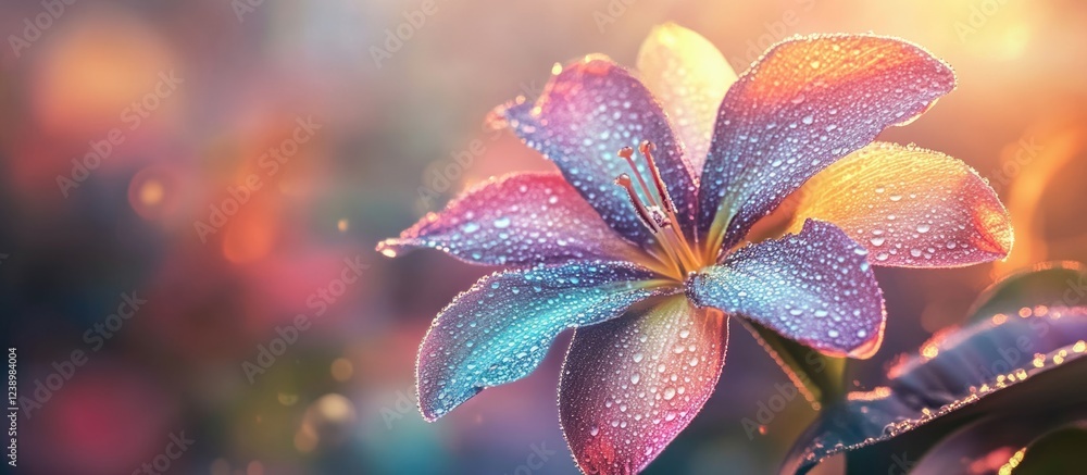 Aufkleber Close-up of a colorful flower with water droplets on petals against a softly blurred background with bokeh effect and copy space