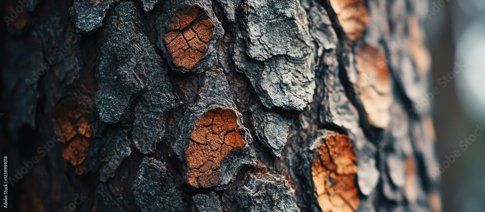 Poster close-up texture of tree bark showing intricate patterns and color variations with orange and gray h