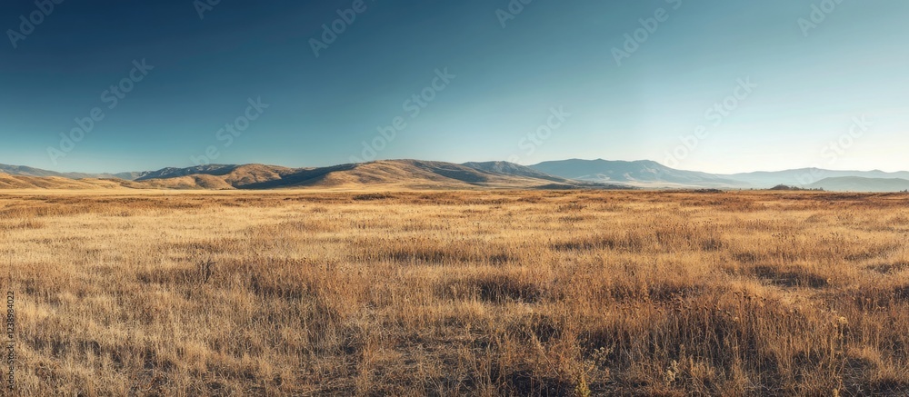 Poster panoramic view of golden grass field against clear blue sky with distant mountains in background and