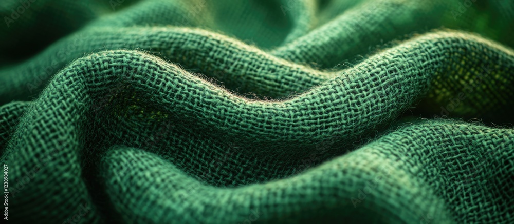 Aufkleber Green textured fabric close-up showing soft folds and creases with detailed weaving pattern and deep colors. Copy Space