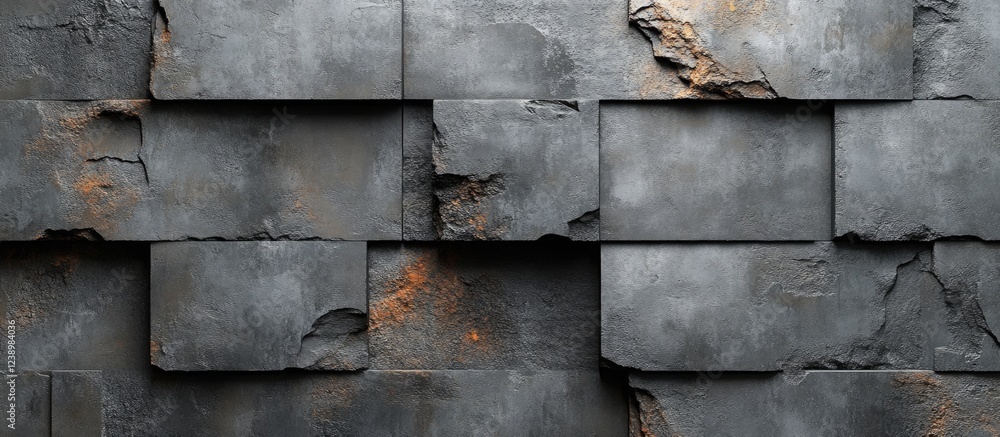Poster Textured gray wall with aged and weathered stone tiles featuring rust and rough surfaces suitable for backgrounds or architectural designs