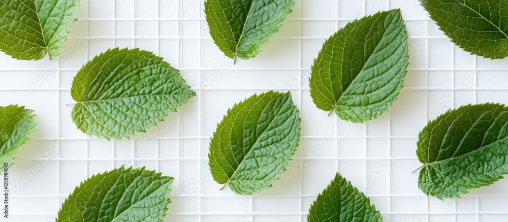 Poster green leaves arranged on a white grid background with ample copy space for text insertion.