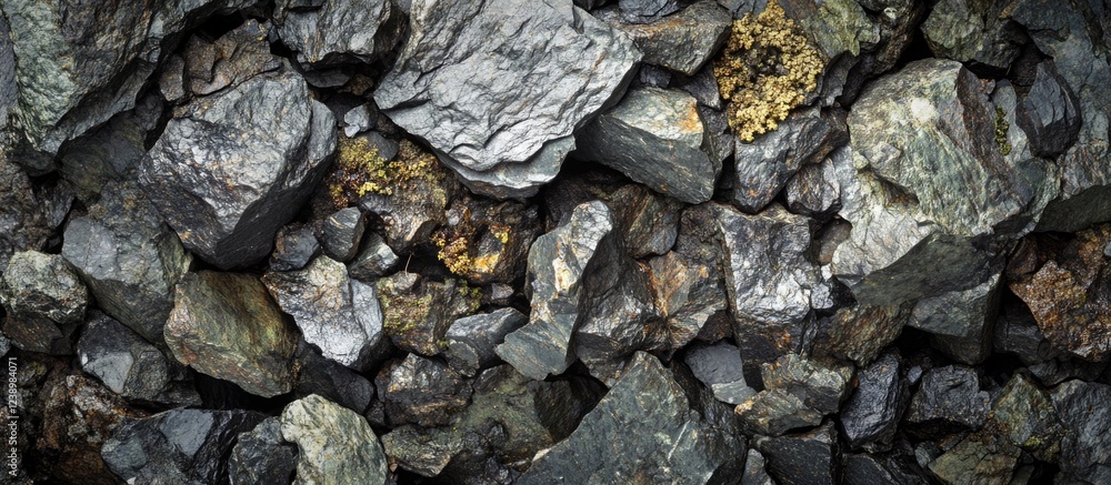 Poster Dark textured rock surface with varying shapes and sizes of stones and small patches of moss on the surface. Copy Space