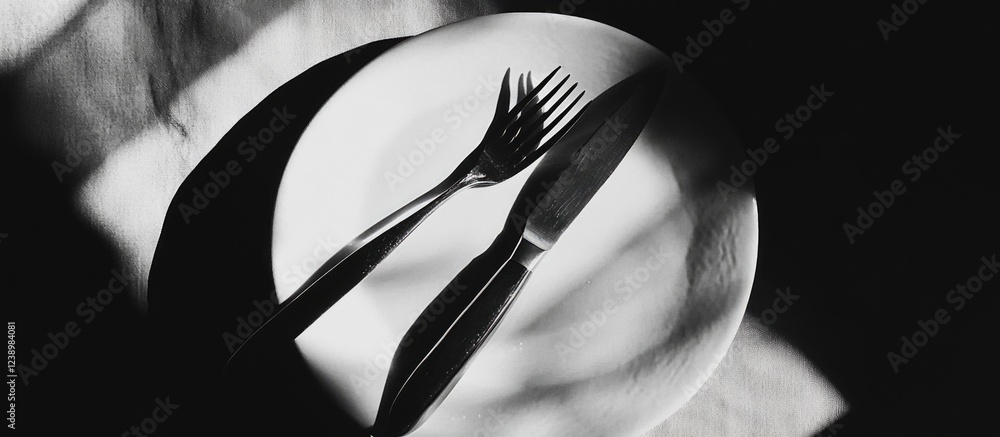 Poster Black and white image of a cutlery set with a fork and knife arranged on a white plate casting shadows against a textured background Copy Space