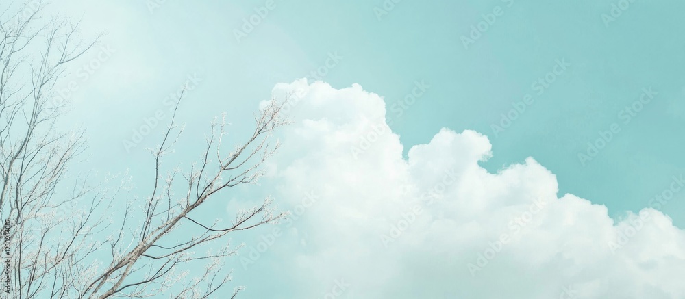 Poster cloudy sky with trees in foreground light blue background with soft fluffy clouds and bare branches 
