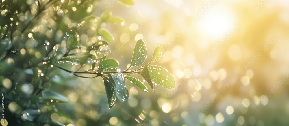 Poster Close-up of dew-covered leaves with soft sunlight in the background creating a bokeh effect and natural ambiance Copy Space