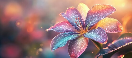 Close-up of a colorful flower with water droplets on petals against a softly blurred background with bokeh effect and copy space