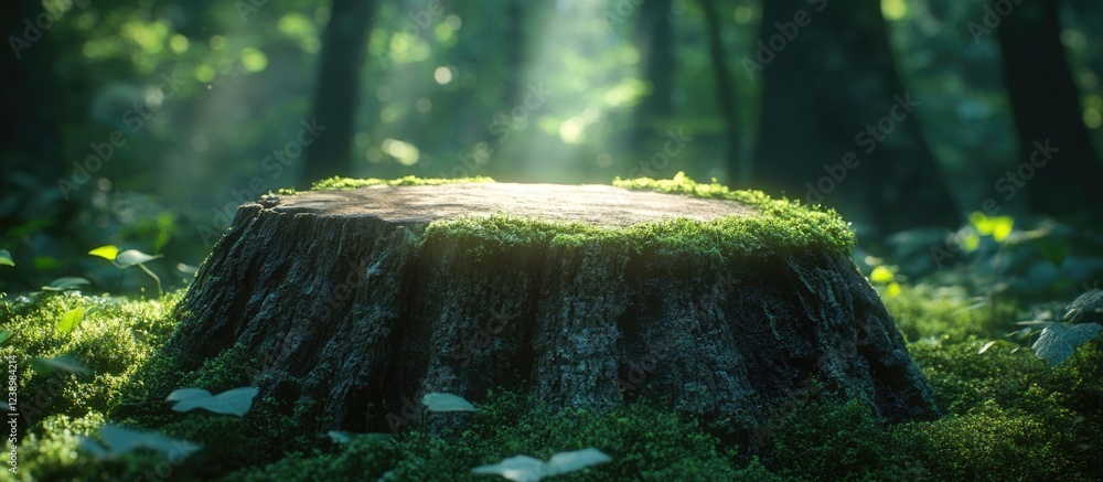 Poster Moss covered tree stump in a lush green forest illuminated by soft sunlight with dappled shadows and rich vegetation surrounding it Copy Space