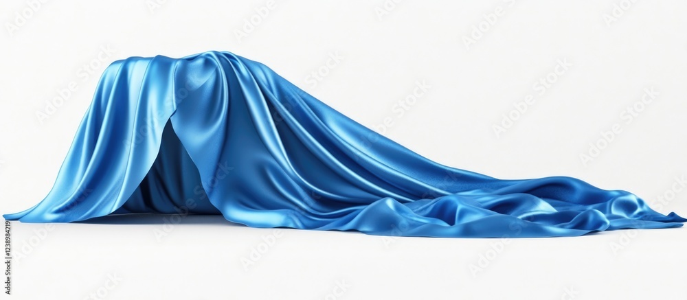 Poster Blue satin fabric draped on a surface creating soft folds and contours isolated on a white background Copy Space