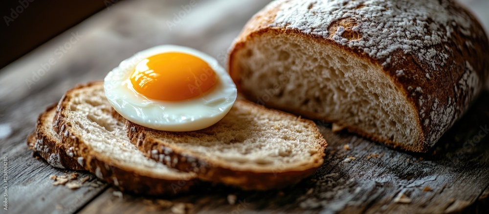 Poster Sliced rustic bread with a sunny side up egg on top placed on a wooden table background with natural lighting and texture details Copy Space