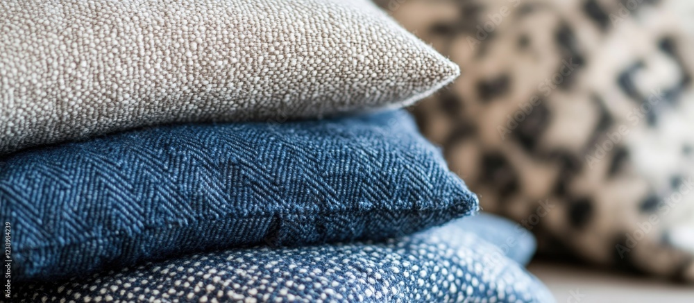 Aufkleber Decorative throw pillows stacked in various textured fabrics and colors arranged on a neutral background with Copy Space