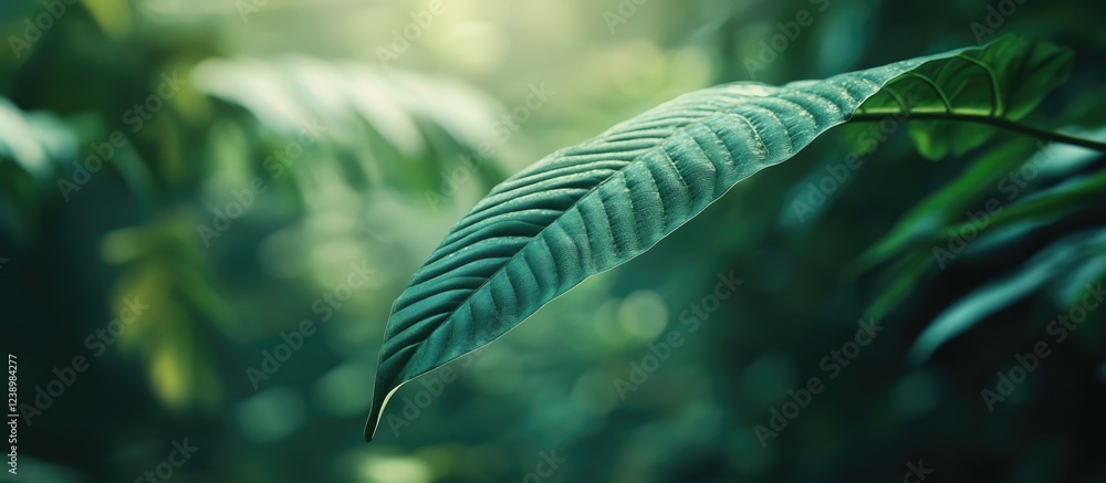 Poster close-up of a green tropical leaf in soft natural light with a blurred background of foliage and cop