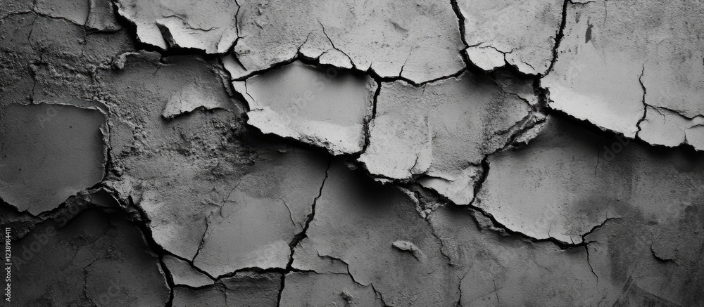 Poster cracked and peeling gray plaster wall texture detailed background with uneven surface and shadows fo