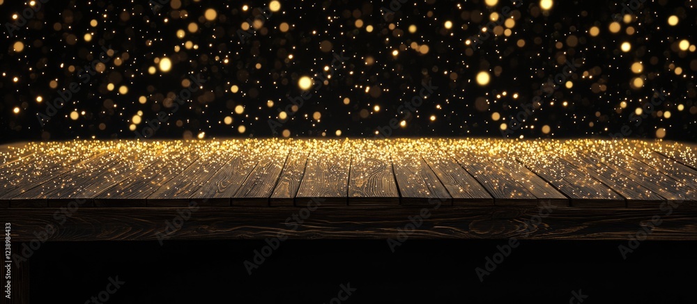 Poster golden bokeh background with wood table surface and copy space for text or product placement