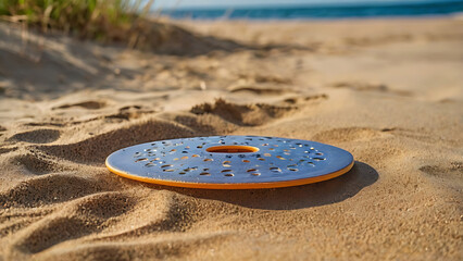 A sports disc for throwing lies on the sandy surface of the stadium, leaving a small mark.