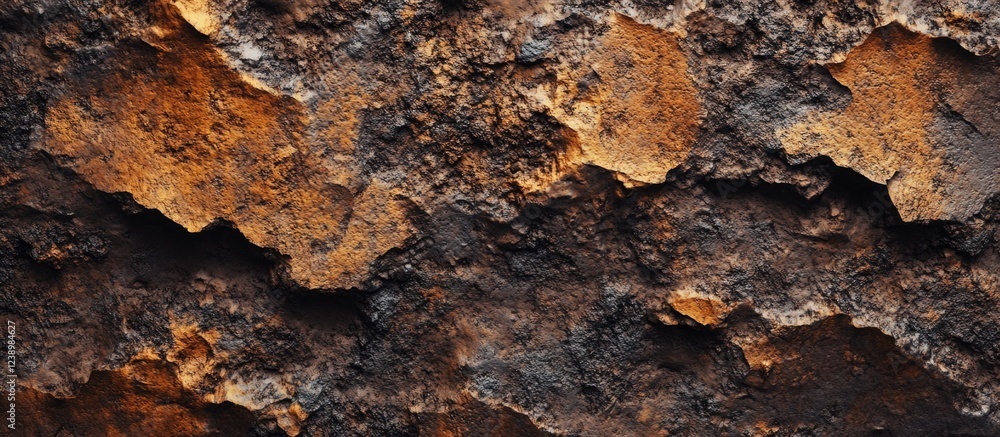 Poster detailed close-up of weathered rocky surface with textured layers and warm orange and brown tones id
