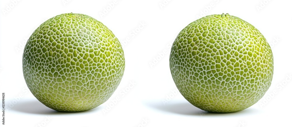 Poster green melons side by side on a white background with intricate netted skin textures and even lightin