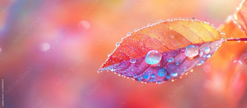 Poster close-up of vibrant autumn leaves with water droplets on surface against a colorful blurred backgrou