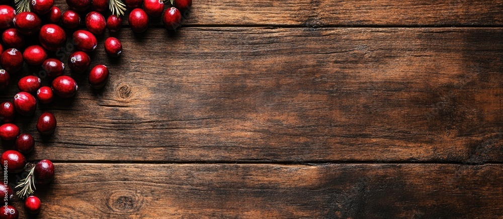 Poster fresh red cranberries on rustic wooden background with ample negative space for text placement copy 