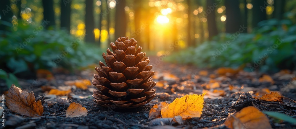 Aufkleber Pine cone on forest floor surrounded by autumn leaves with sunlight filtering through trees Copy Space