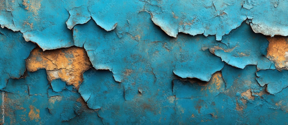 Poster Textured blue wall with peeling paint and rustic finish showcasing layers of texture and color variations. Copy Space.