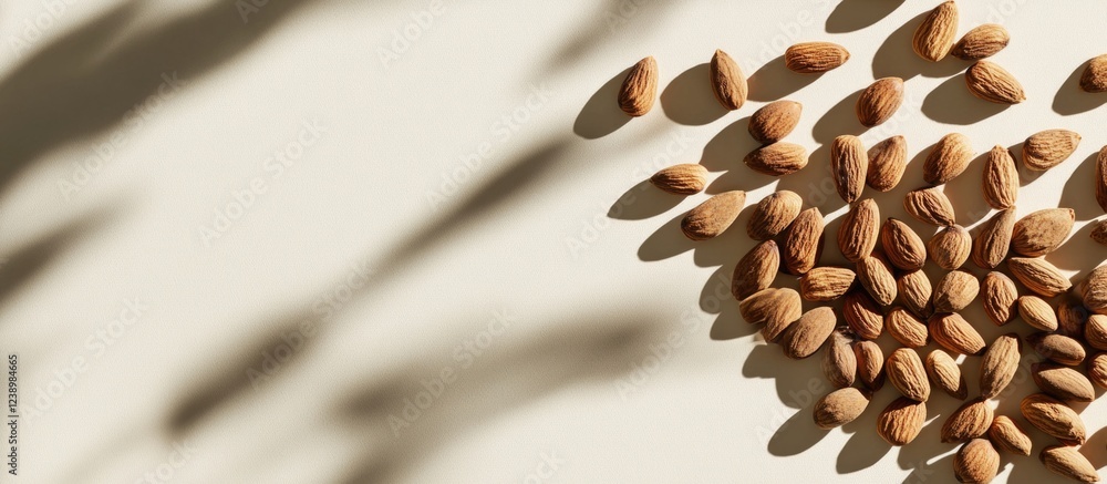Poster Almonds seeds scattered on beige background with subtle shadows and ample copy space for text placement