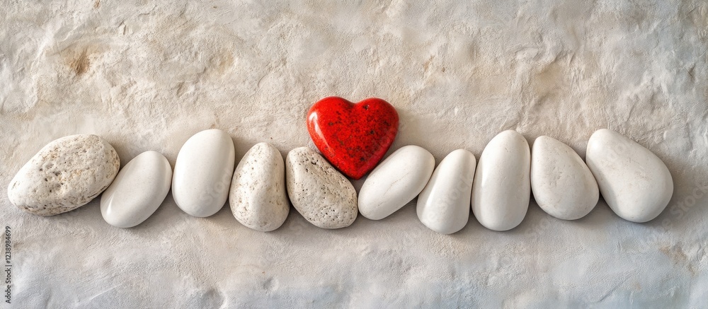 Poster red heart stone surrounded by white pebbles on a textured surface with natural colors copy space
