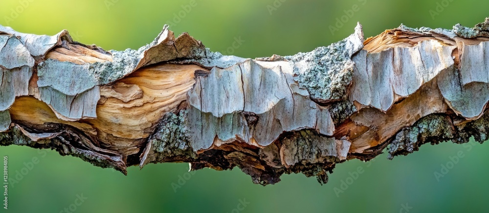 Poster Close-up of textured tree bark displaying natural patterns and colors against a blurred green background with Copy Space