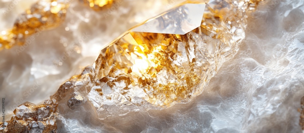 Aufkleber Close-up of shimmering quartz crystal embedded in textured rock with golden flecks and reflective surfaces ideal for geological or mineral studies