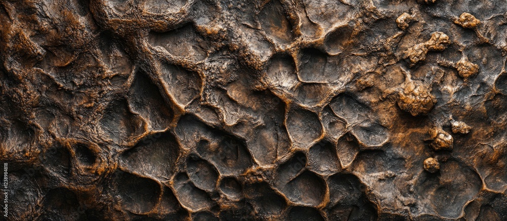 Poster textured surface of weathered brown rock with irregular cavities and bumps suitable for background o
